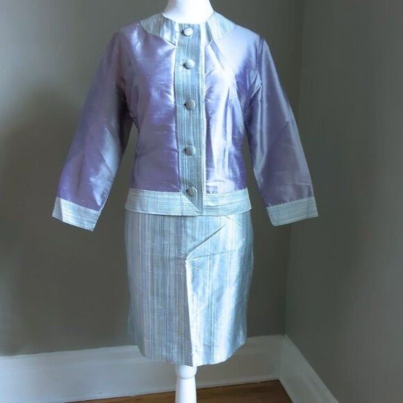 Vintage 1990s Sansappelle Jacket and Skirt Set Purple Silk Striped Size 6-8 - Picture 14 of 15